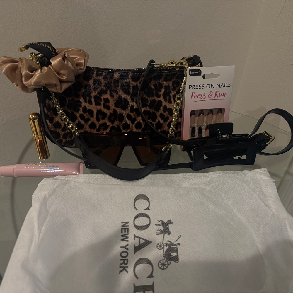 Coach Leopard-Print Mini Shoulder Bag with Gold Chain Accents - Brown & Black